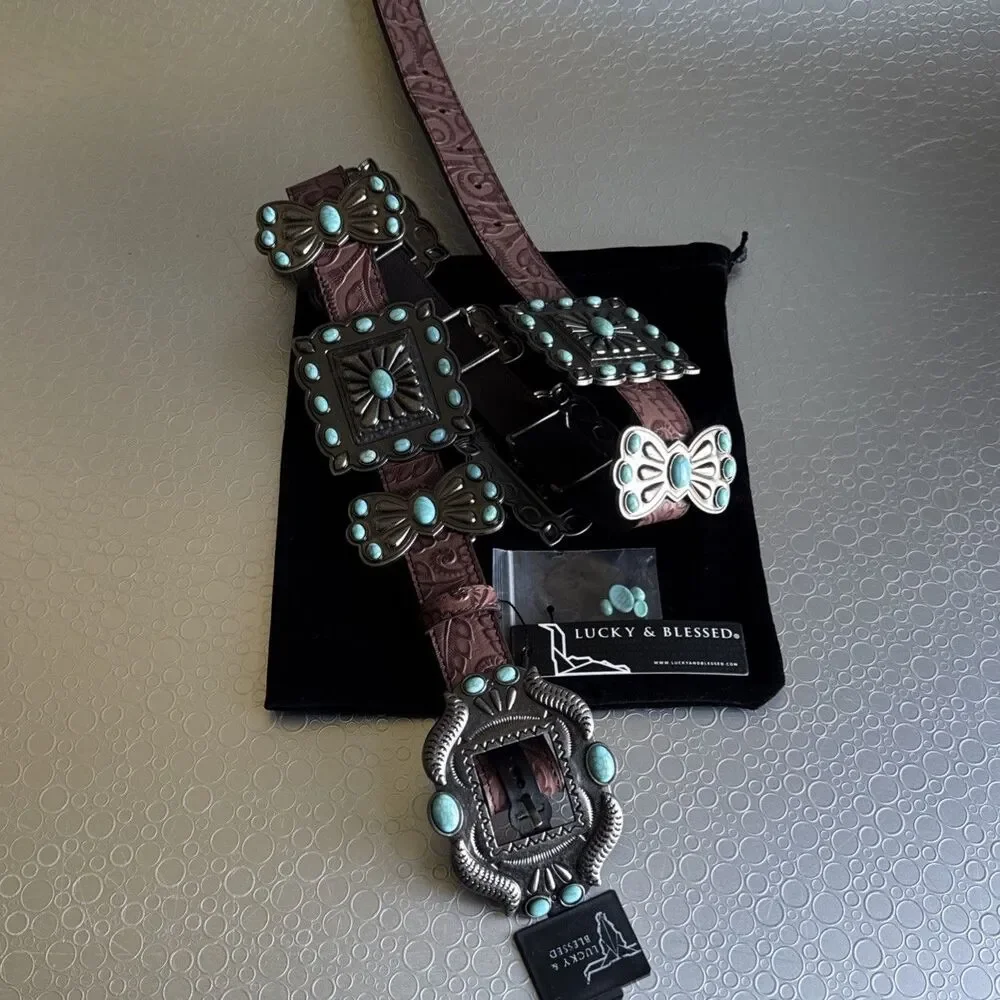 NWT Lucky & Blessed Turquoise Concho Tool Leather Belt - S Runs Bigger Dust Bag